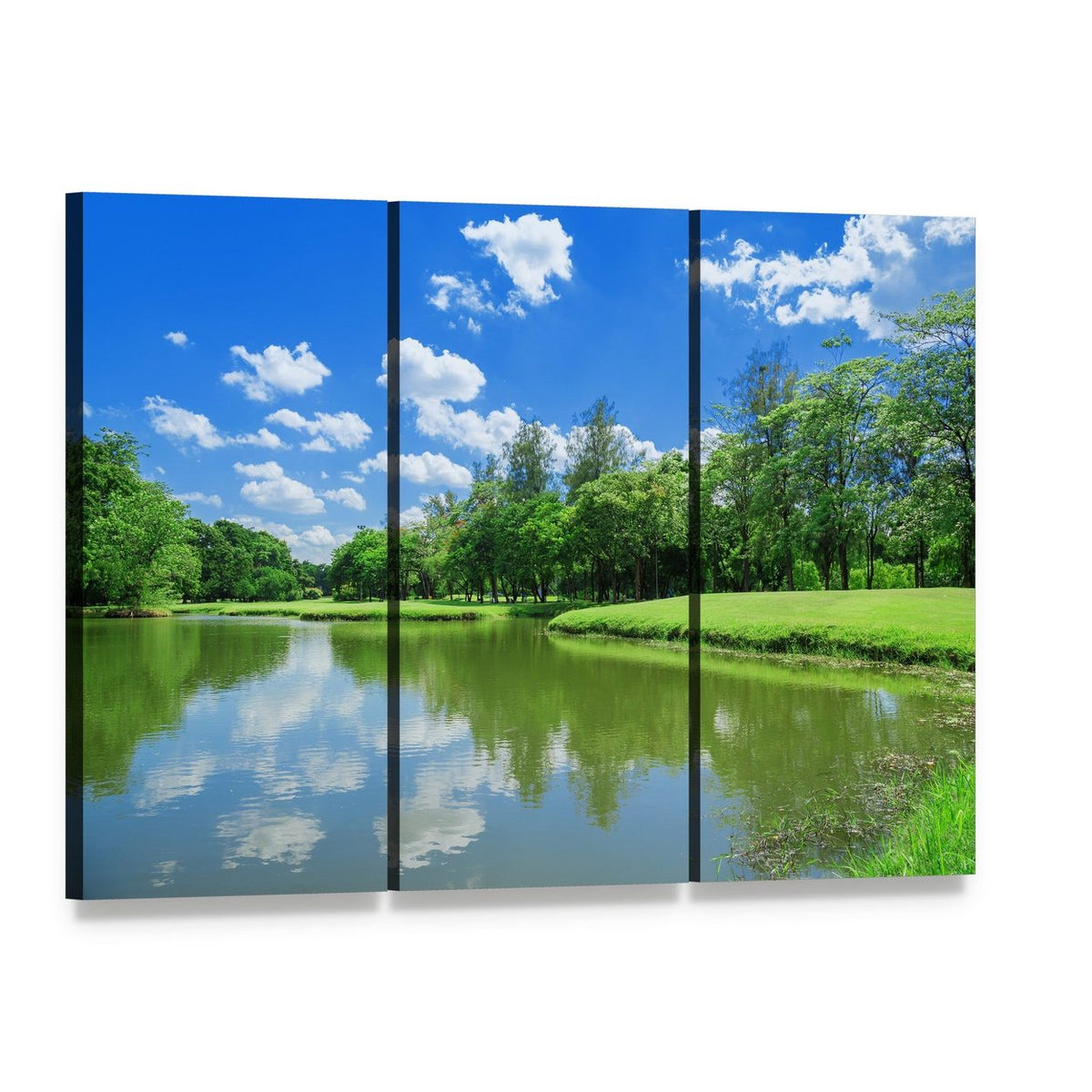 Lake Park Garden Landscape Canvas Wall Art, 3 panel 3 Horizontal layout gallery wrapped canvas set, angled product view