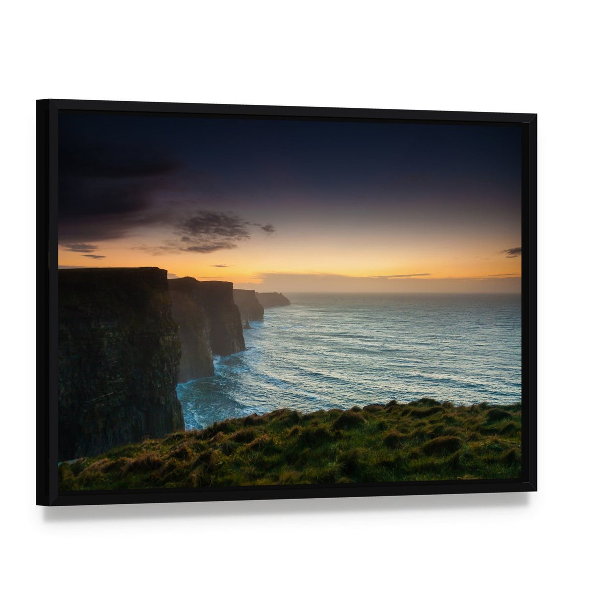Evening at Cliffs of Moher Canvas Wall Art, framed canvas in a black floater frame, angled product view