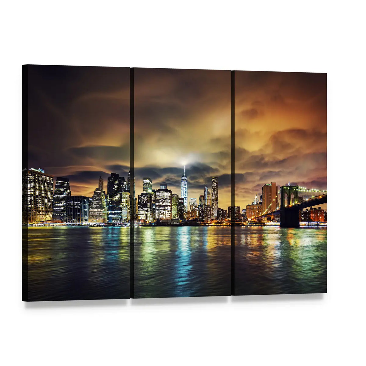 Manhattan Skyline at Sunset Canvas Wall Art, 3 panel 3 Horizontal layout gallery wrapped canvas set, angled product view