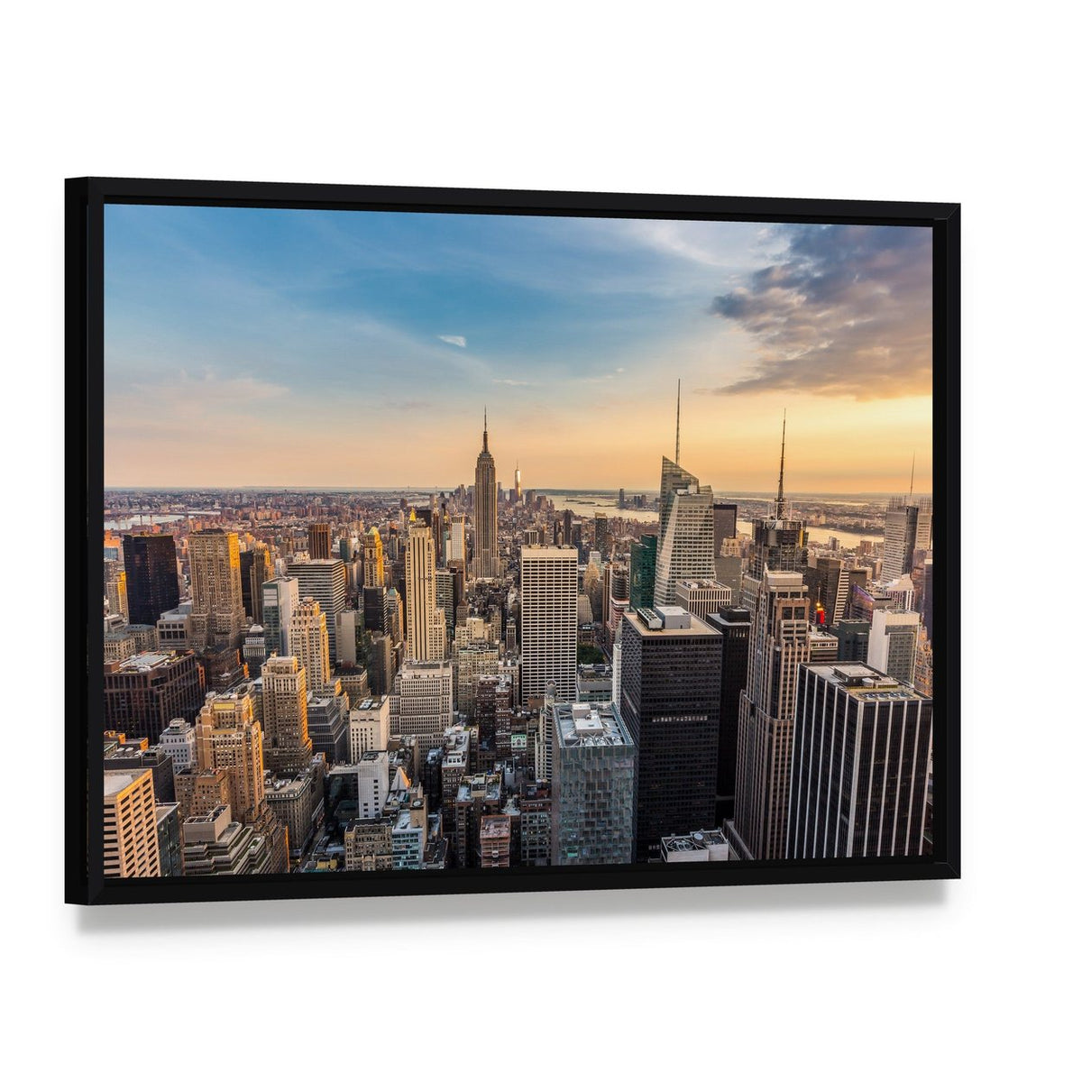 Ny Midtown Skyline Canvas Wall Art, framed canvas in a black floater frame, angled product view