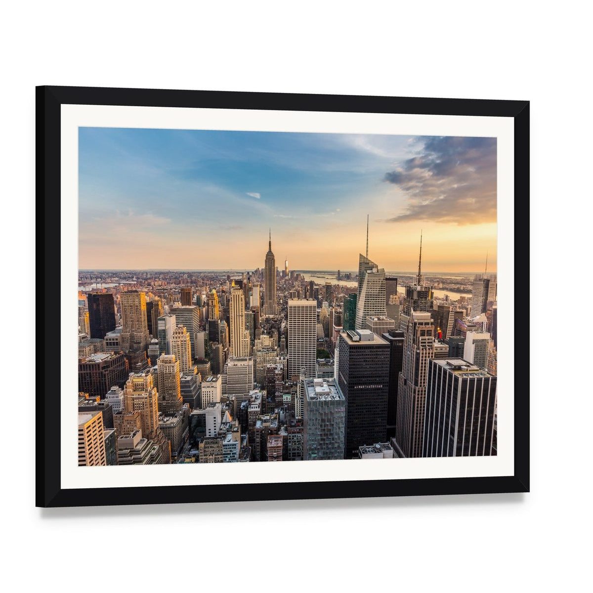 Ny Midtown Skyline Canvas Wall Art, framed print with white mat and black frame, angled product view