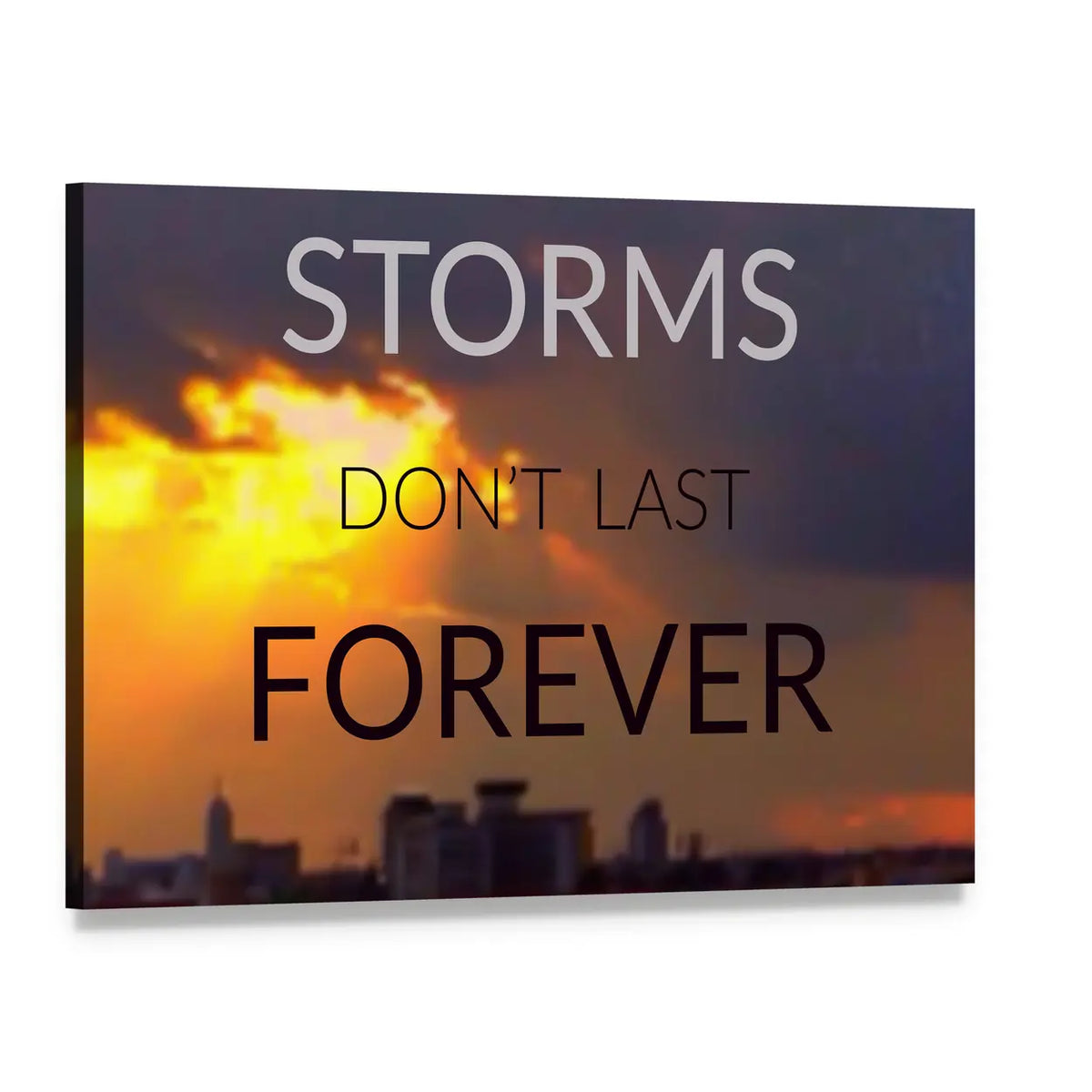 Storms Don't Last Forever Over City Skyline Canvas Wall Art, single panel gallery wrapped canvas, angled product view