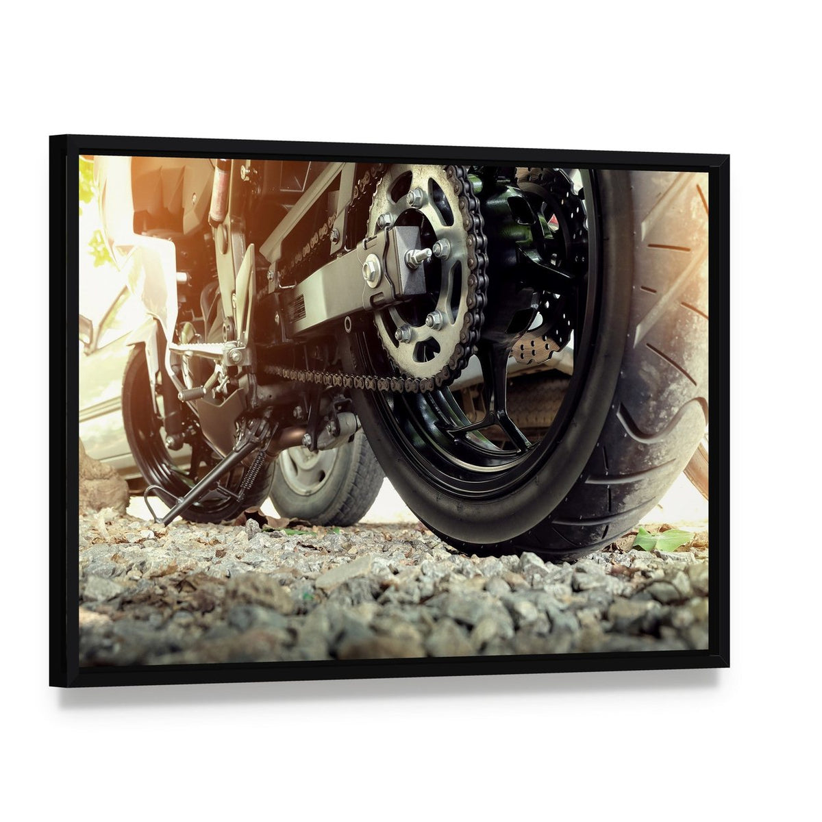 Motorcycle Rear Chain and Sprocket Canvas Wall Art, framed canvas in a black floater frame, angled product view