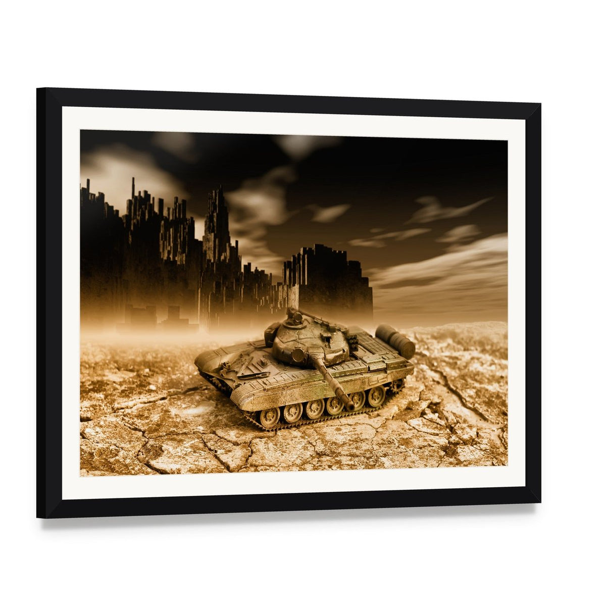 Tank in War Canvas Wall Art, framed print with white mat and black frame, angled product view