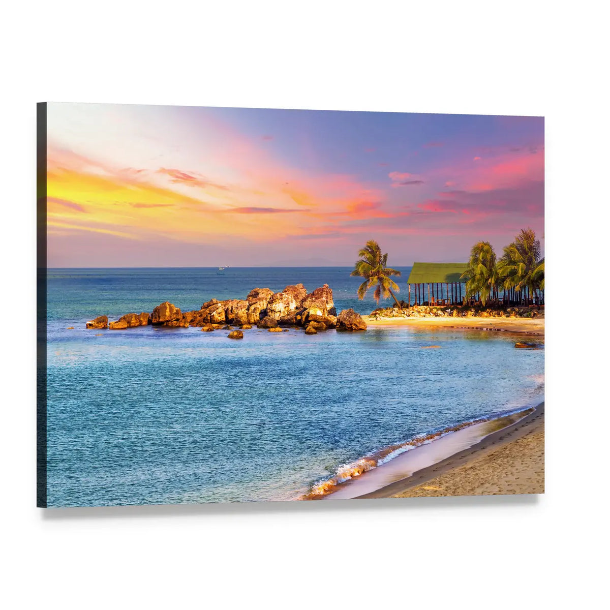 Tropical Beach Sunset with Palm Trees Canvas Wall Art, single panel gallery wrapped canvas, angled product view