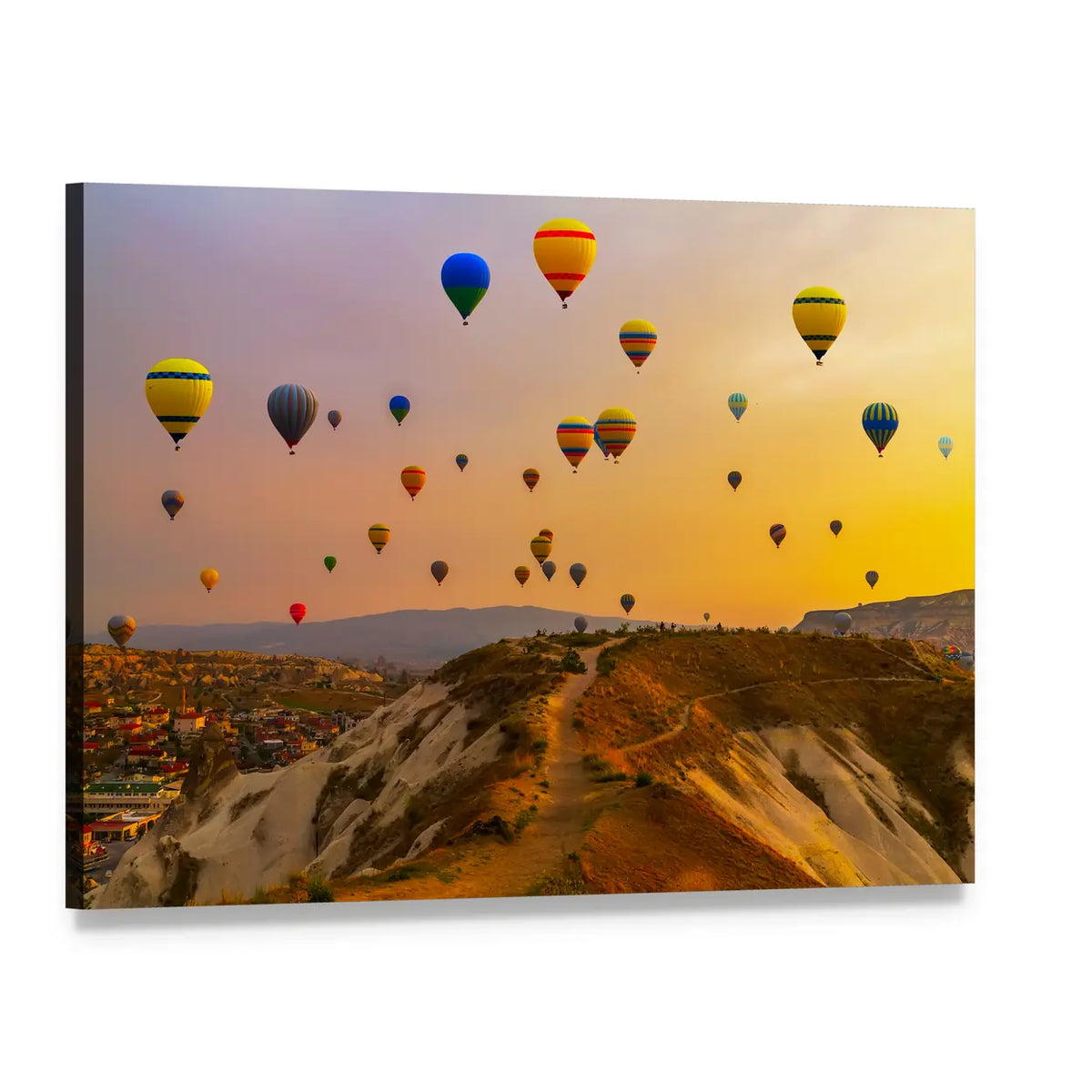 Sunrise Hot Air Balloons Over Valley Canvas Wall Art, single panel gallery wrapped canvas, angled product view