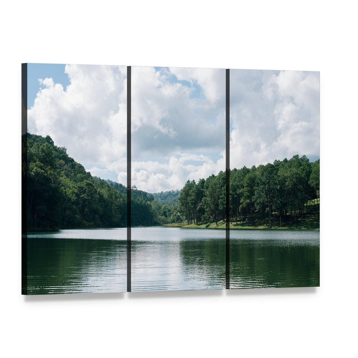 Pang Ung Lake in Maehongson Canvas Wall Art, 3 panel 3 Horizontal layout gallery wrapped canvas set, angled product view