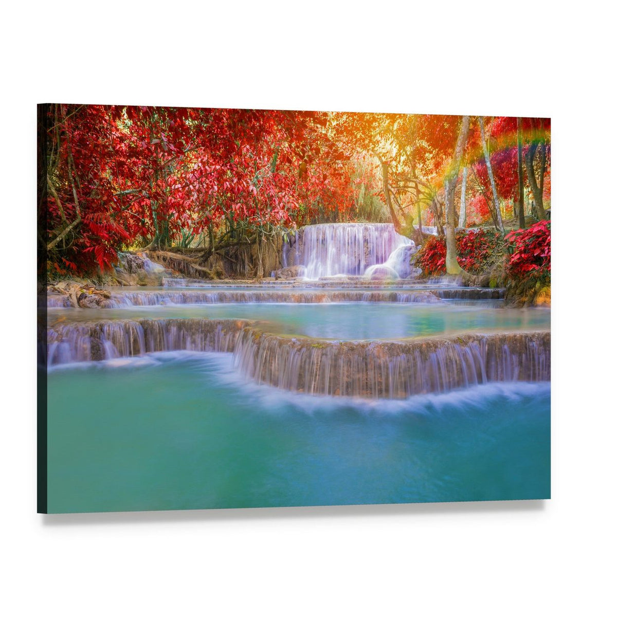 Tiered Waterfall in Autumn Forest Canvas Wall Art, single panel gallery wrapped canvas, angled product view