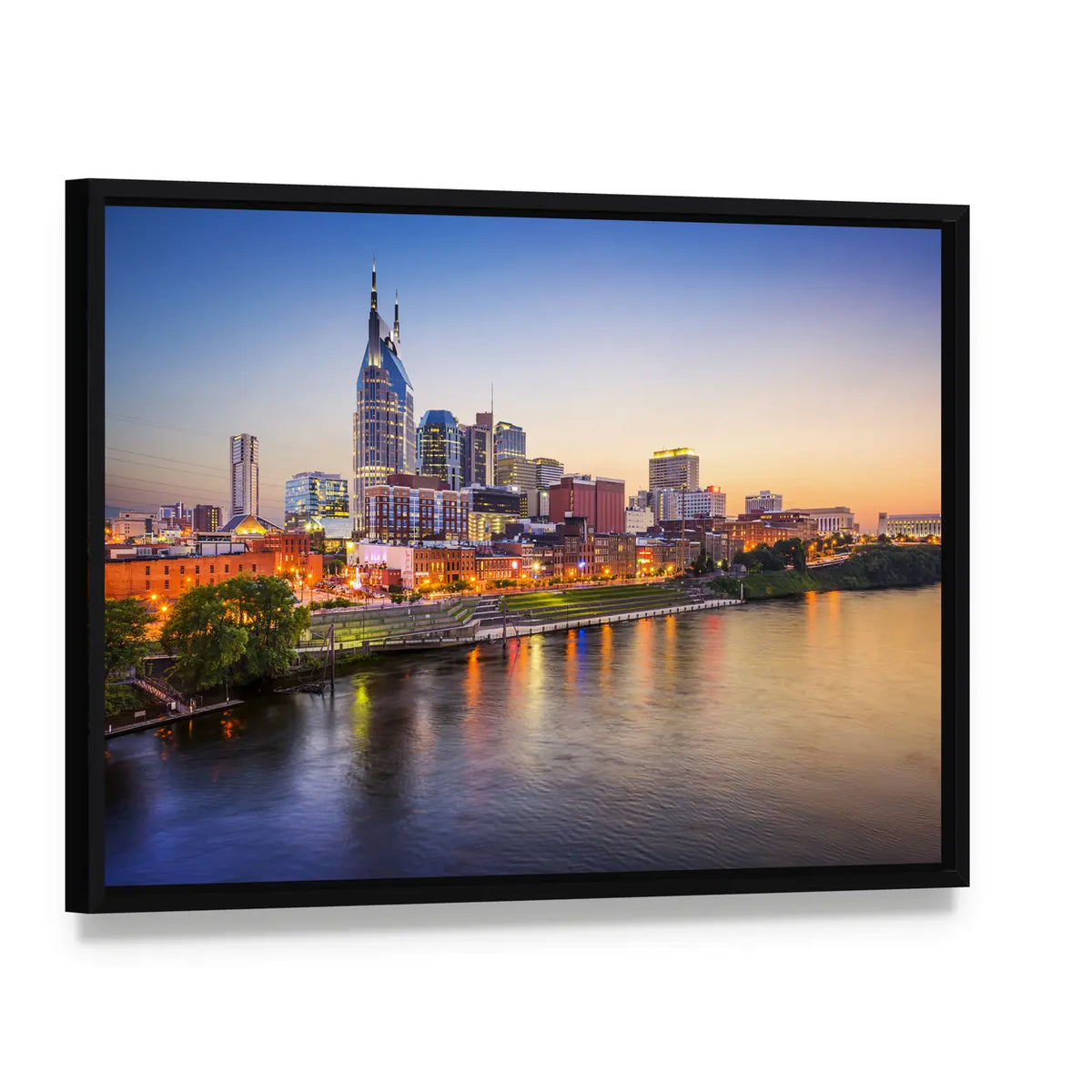Nashville Skyline on the Cumberland River Canvas Wall Art, framed canvas in a black floater frame, angled product view