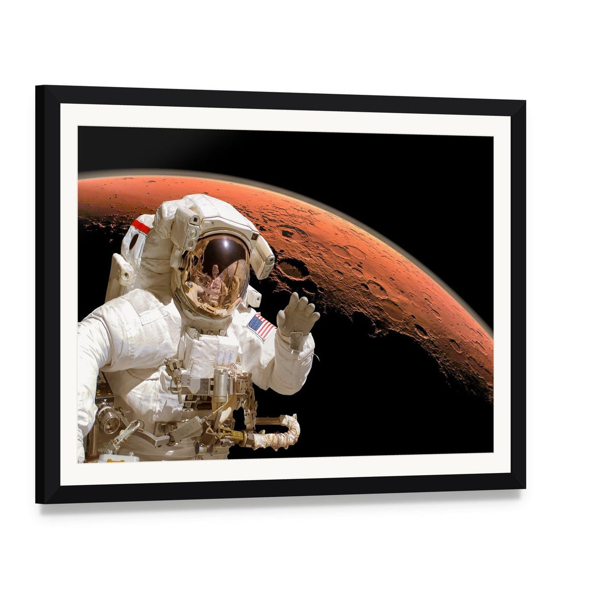 Astronaut Above Mars Canvas Wall Art, framed print with white mat and black frame, angled product view