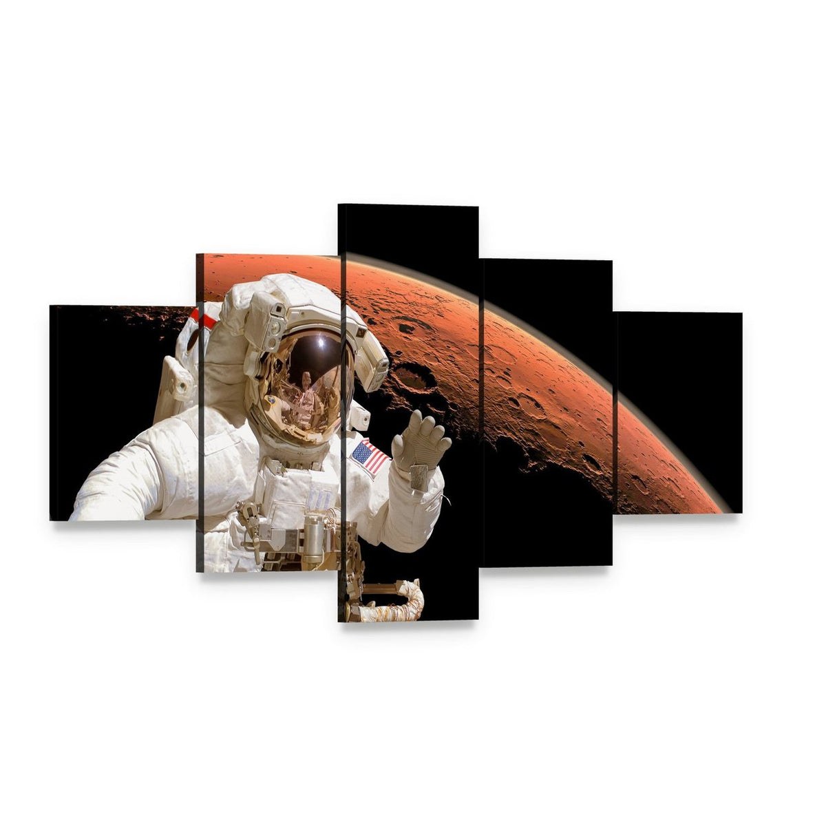 Astronaut Above Mars Canvas Wall Art, 5 panel 5 Star layout gallery wrapped canvas set, angled product view
