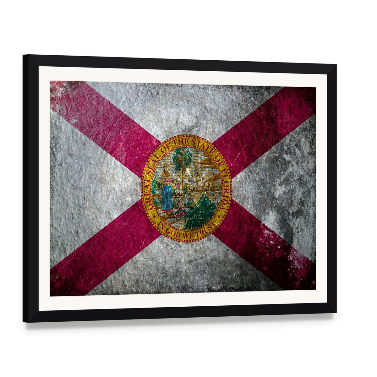 Florida State Flag with Distressed Texture Canvas Wall Art, framed print with white mat and black frame, angled product view