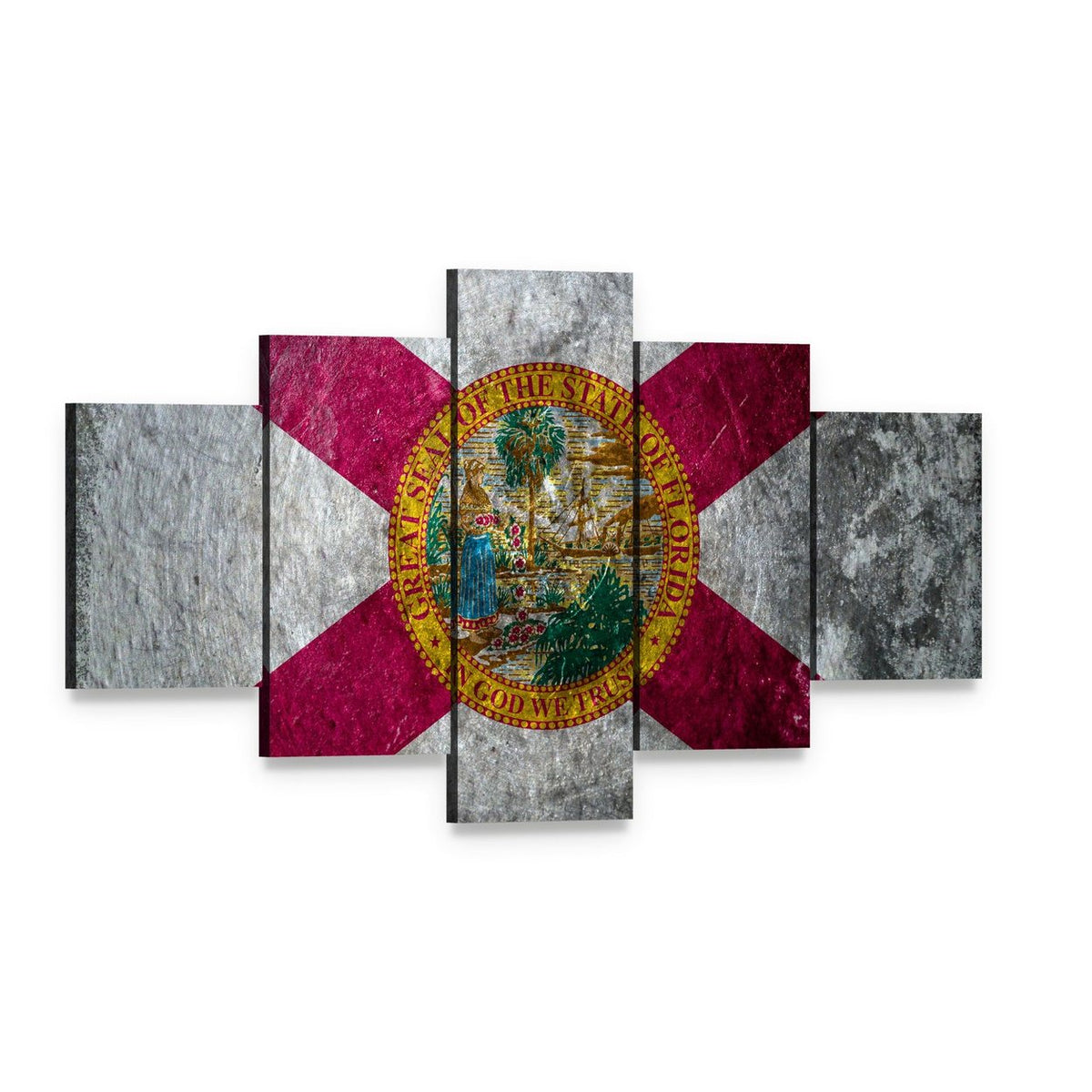 Florida State Flag with Distressed Texture Canvas Wall Art, 5 panel 5 Star layout gallery wrapped canvas set, angled product view