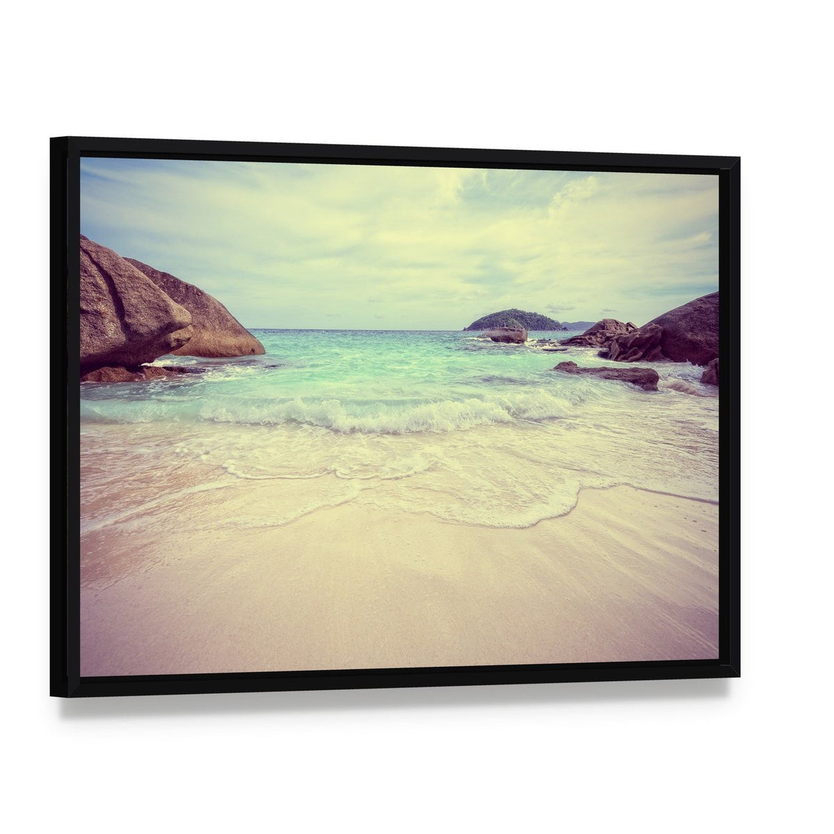 Vintage Blue Sea Canvas Wall Art, framed canvas in a black floater frame, angled product view