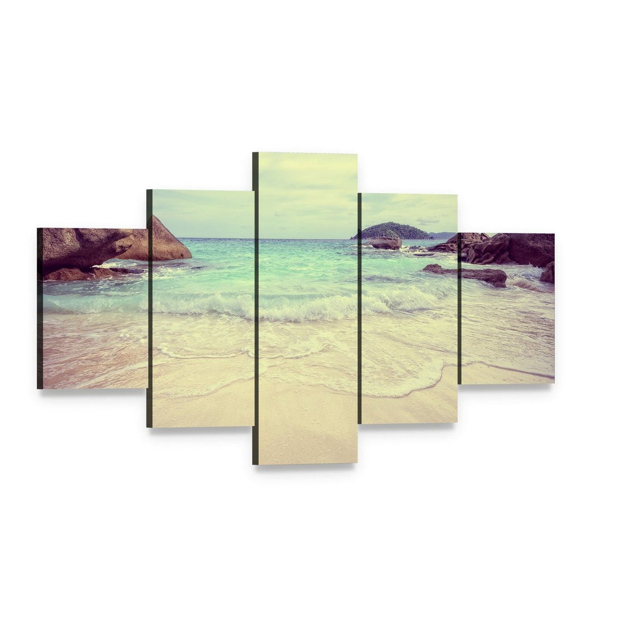 Vintage Blue Sea Canvas Wall Art, 5 panel 5 Star layout gallery wrapped canvas set, angled product view
