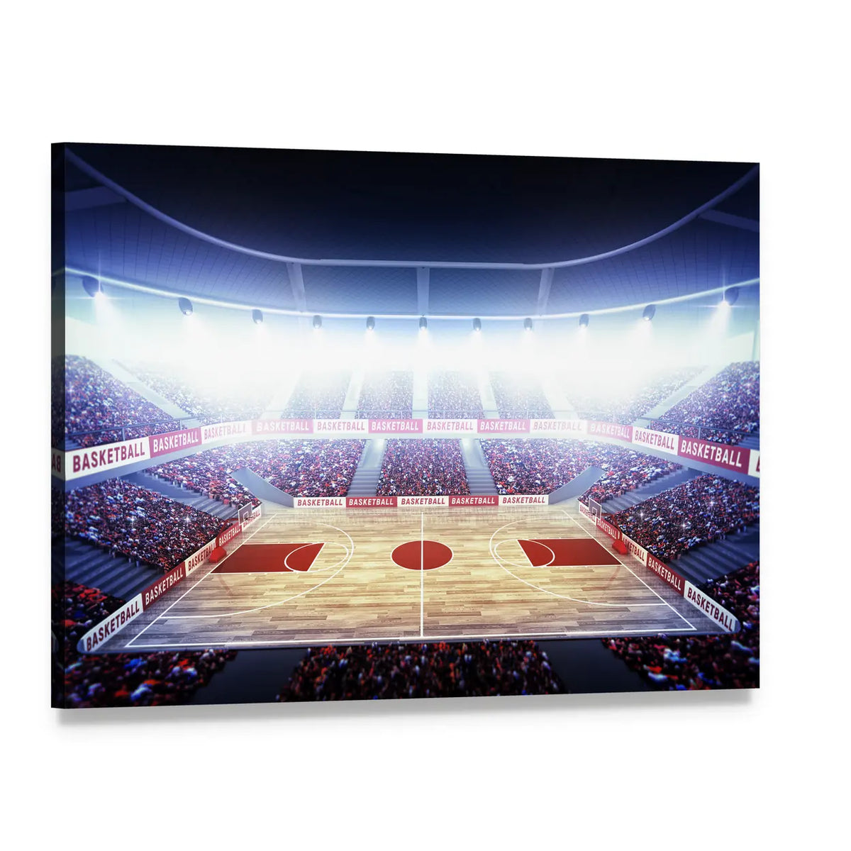 Indoor Basketball Arena with Court Lights Canvas Wall Art, single panel gallery wrapped canvas, angled product view