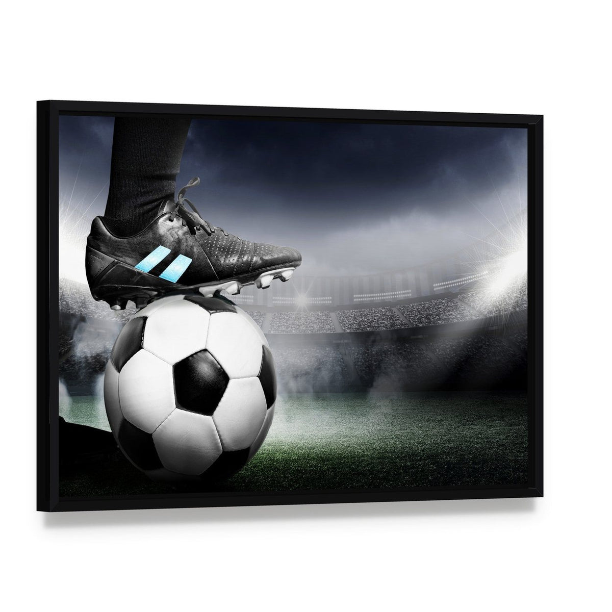 Soccer Player with Soccer Ball Canvas Wall Art, framed canvas in a black floater frame, angled product view