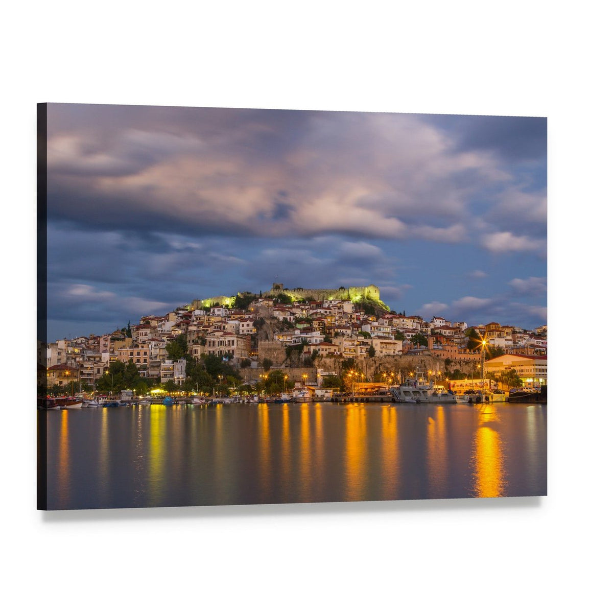 Kavala Harbor at Dusk Canvas Wall Art, single panel gallery wrapped canvas, angled product view