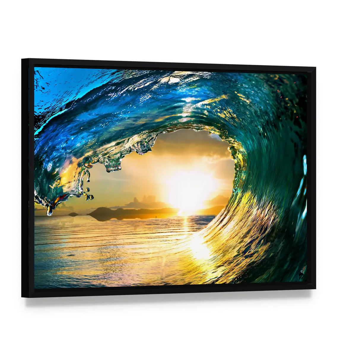 Green Ocean Wave at Sunset Canvas Wall Art, framed canvas in a black floater frame, angled product view