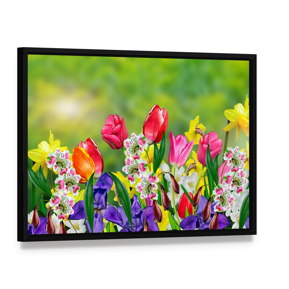 Spring Flowers Daffodils and Tulips Canvas Wall Art, framed canvas in a black floater frame, angled product view