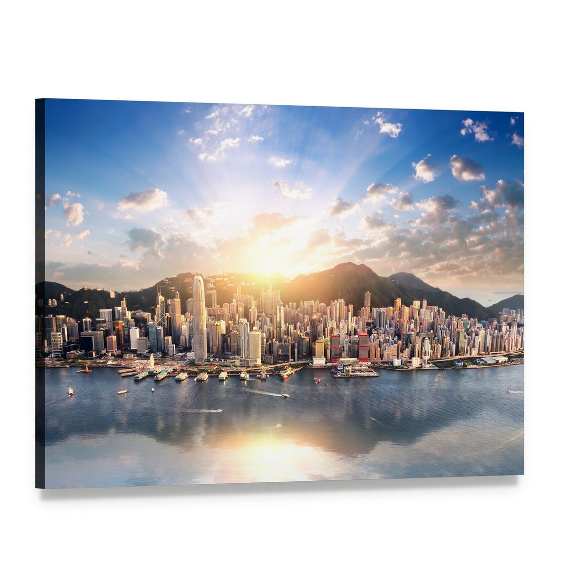 Hong Kong Skyline at Sunset Canvas Wall Art, single panel gallery wrapped canvas, angled product view