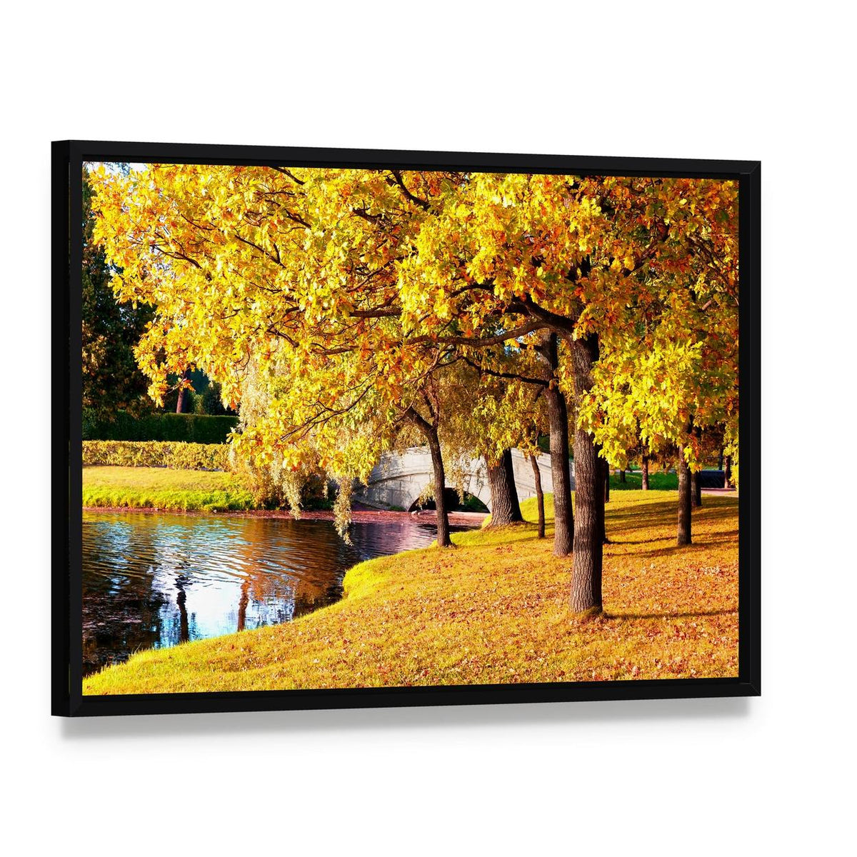 Autumn Forest Park Russia Canvas Wall Art, framed canvas in a black floater frame, angled product view