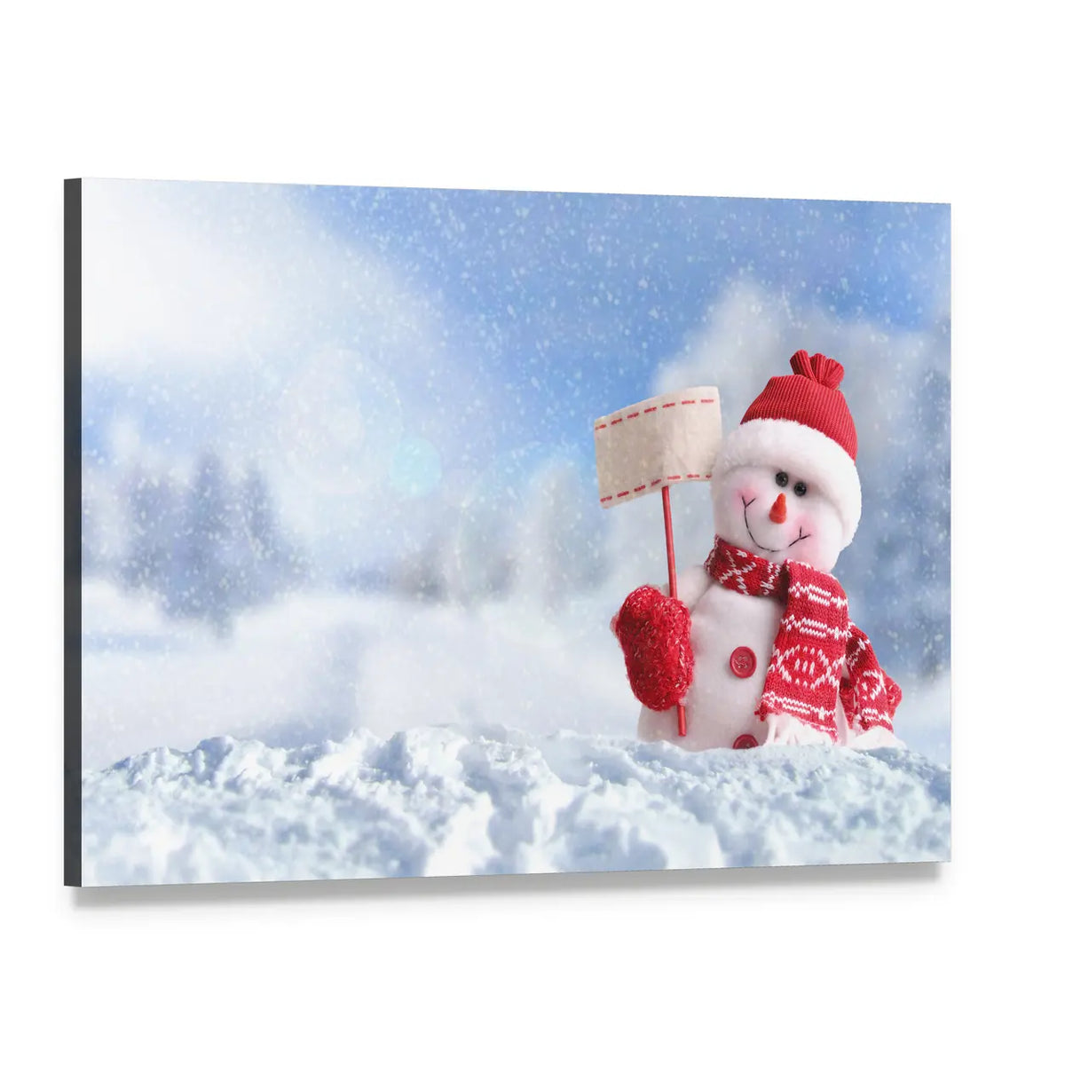 Snowman Holding Blank Sign Canvas Wall Art, single panel gallery wrapped canvas, angled product view