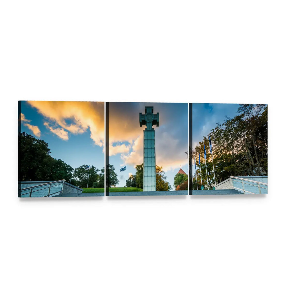 Freedom Square in Tallinn Panoramic Canvas Wall Art, 3 panel 3 Piece layout gallery wrapped canvas set, angled product view