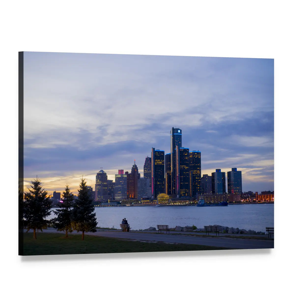Detroit Skyline Across the River at Dusk Canvas Wall Art, single panel gallery wrapped canvas, angled product view