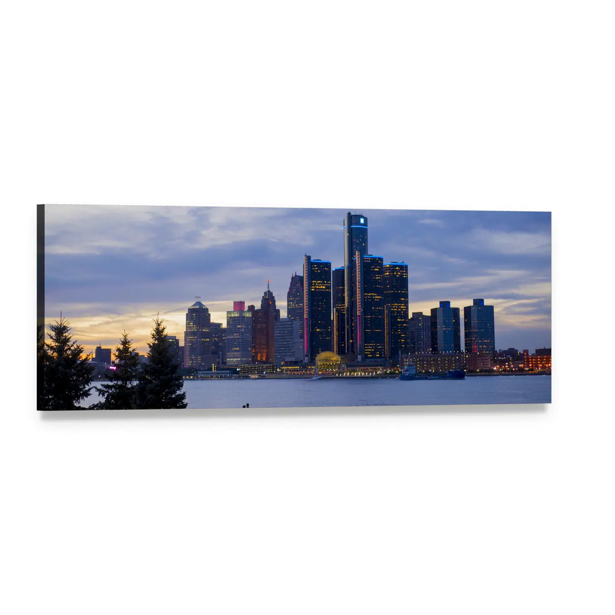 Detroit Skyline at Dusk with Renaissance Center Panoramic Canvas Wall Art, single panel gallery wrapped canvas, angled product view