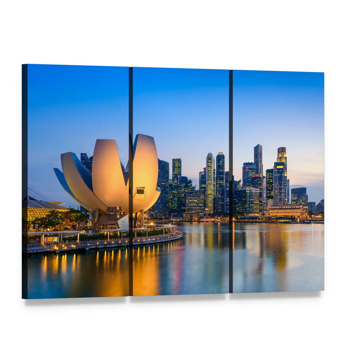 Singapore Marina Skyline at Twilight Canvas Wall Art, 3 panel 3 Horizontal layout gallery wrapped canvas set, angled product view