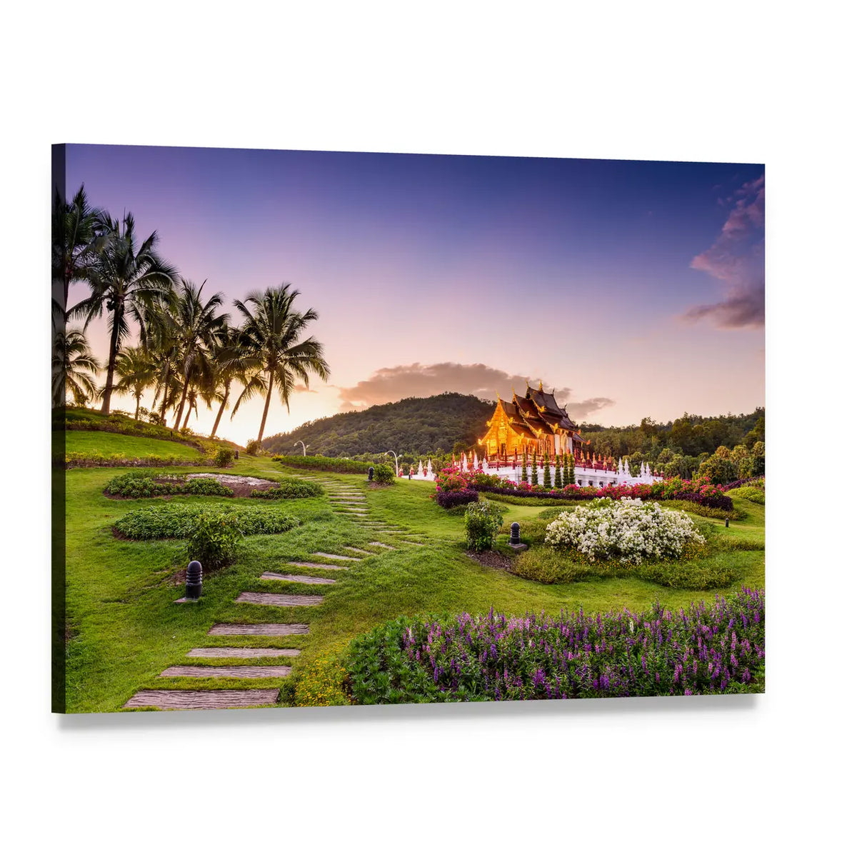 Royal Flora Ratchaphruek Park at Dusk Canvas Wall Art, single panel gallery wrapped canvas, angled product view