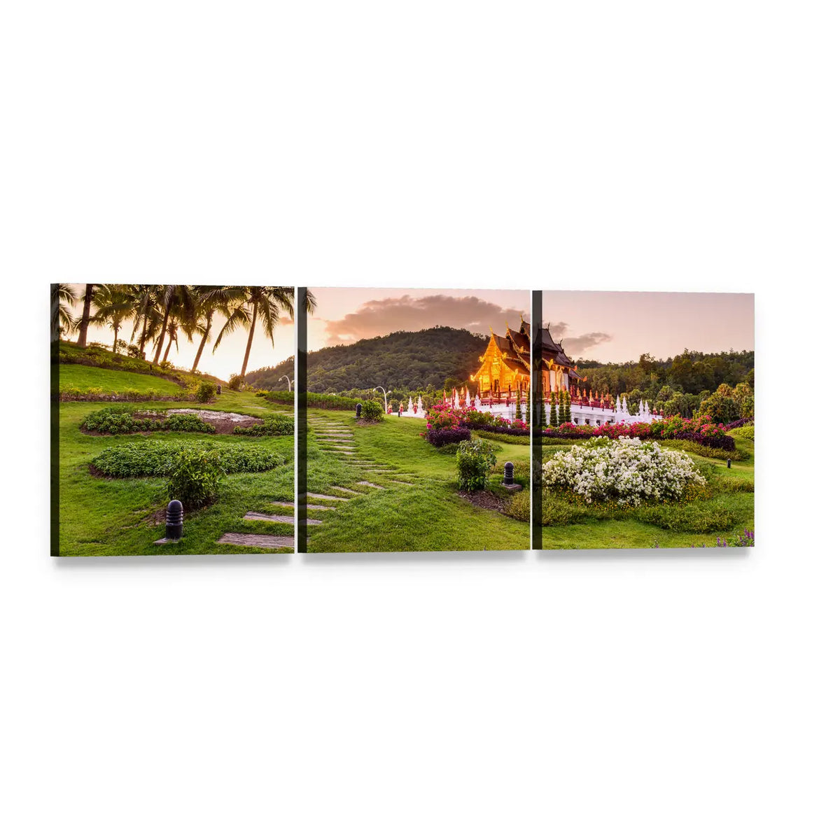 Royal Flora Ratchaphruek Park Sunset Garden Panoramic Canvas Wall Art, 3 panel 3 Piece layout gallery wrapped canvas set, angled product view