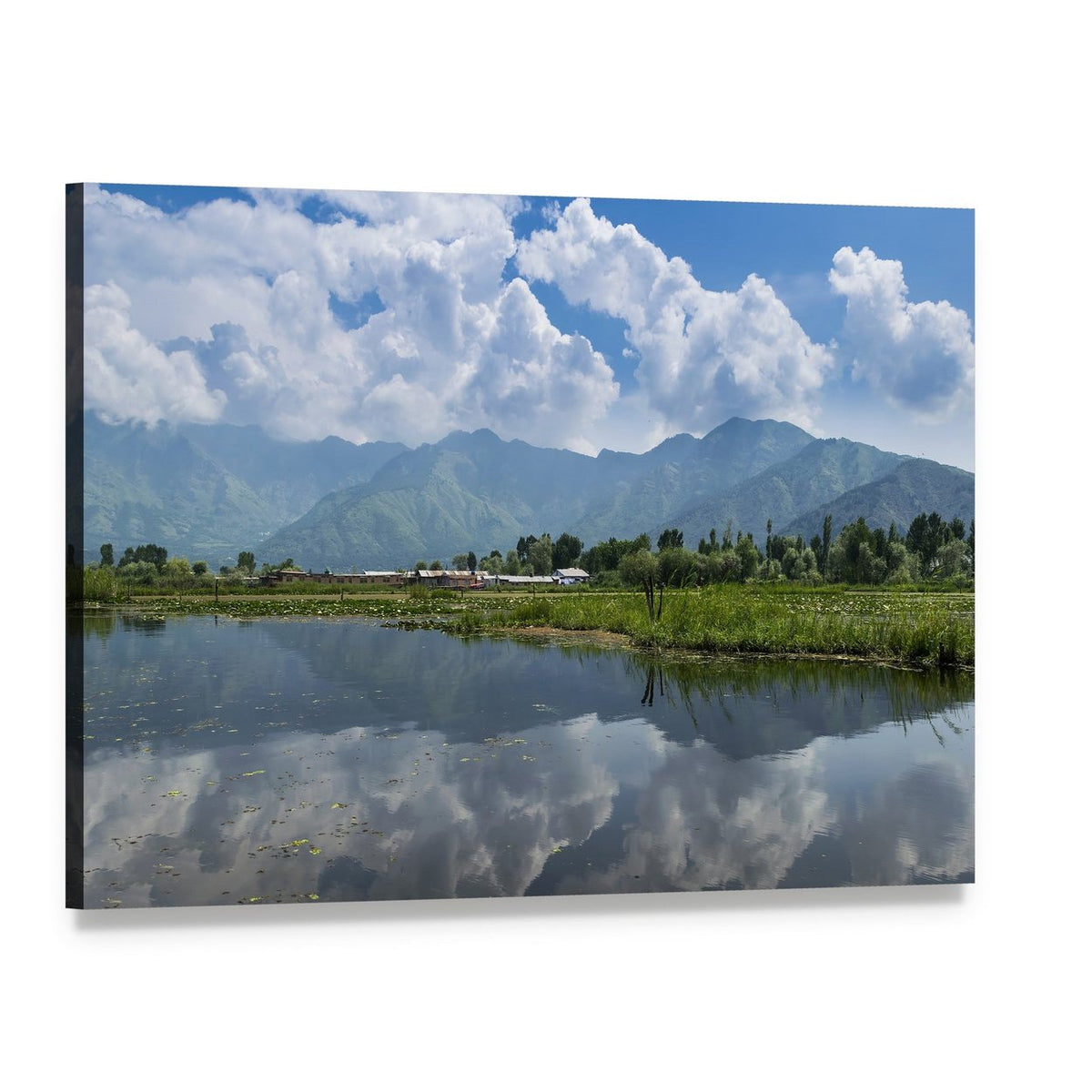 Dal Lake Reflections with Mountains Canvas Wall Art, single panel gallery wrapped canvas, angled product view