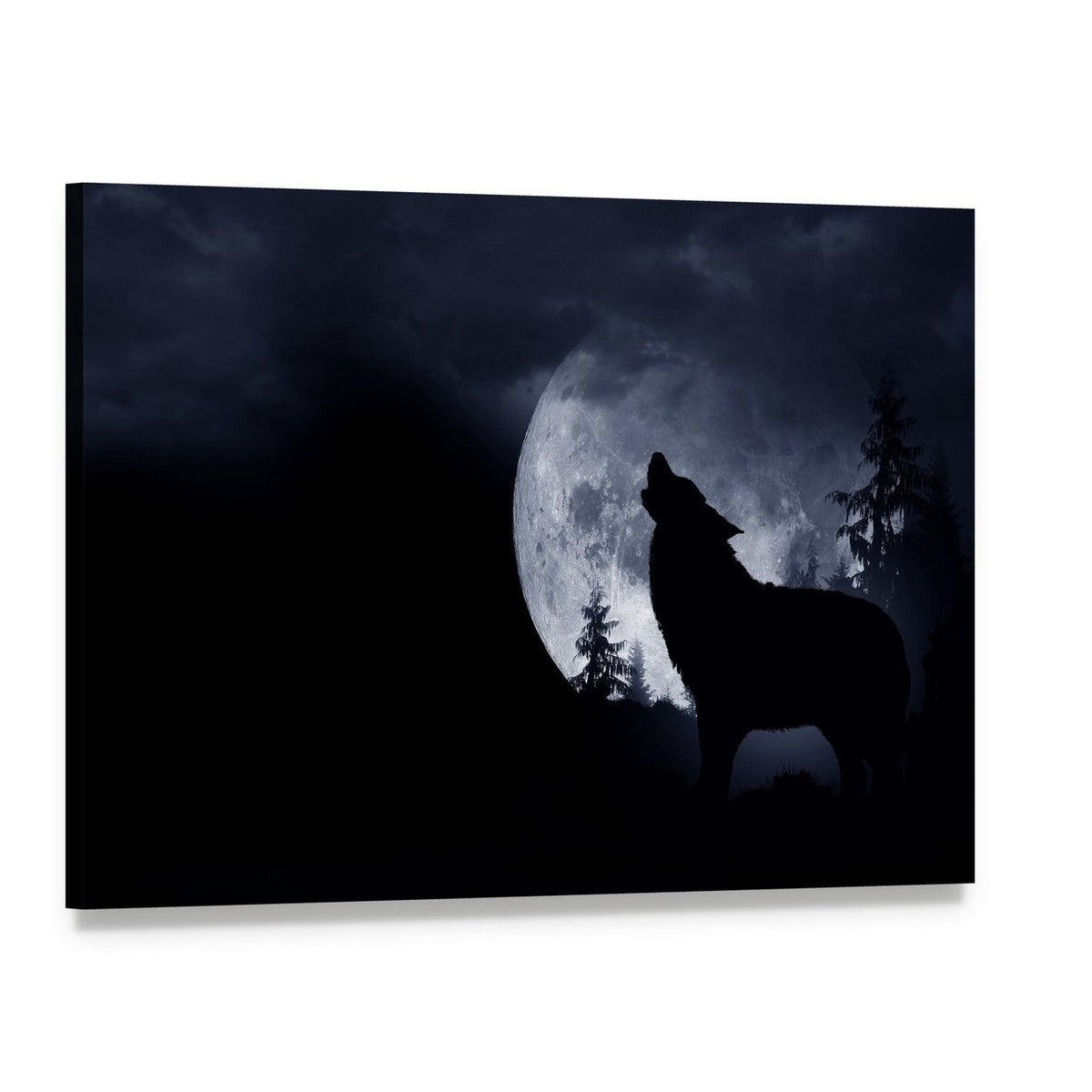 Howling Wolf with Full Moon Canvas Wall Art, single panel gallery wrapped canvas, angled product view
