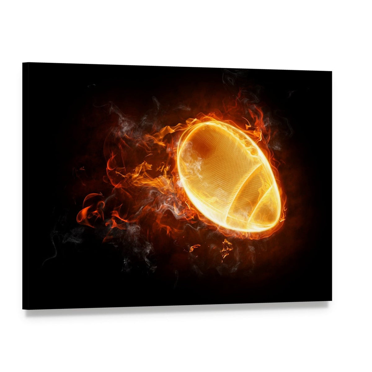 Flamy Football Canvas Wall Art, single panel gallery wrapped canvas, angled product view
