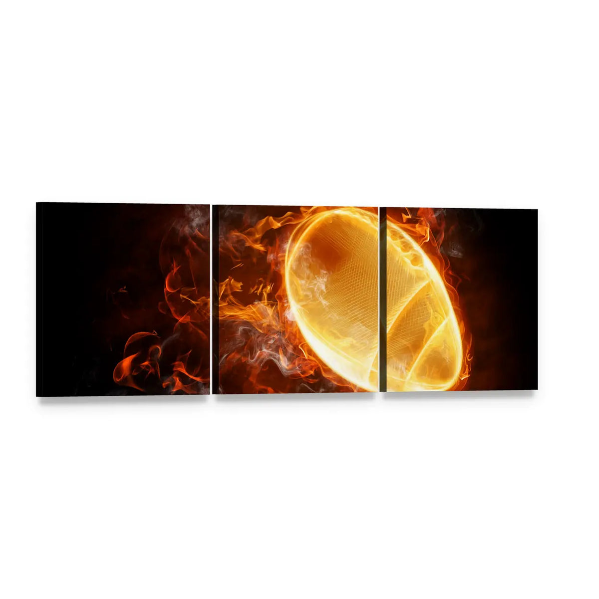 Flaming Football with Swirling Flames Panoramic Canvas Wall Art, 3 panel 3 Piece layout gallery wrapped canvas set, angled product view
