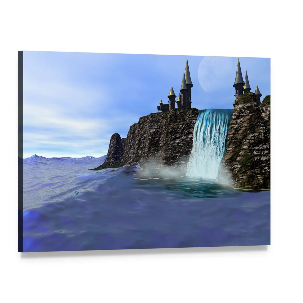 Fantasy Castle Waterfall Canvas Wall Art, single panel gallery wrapped canvas, angled product view
