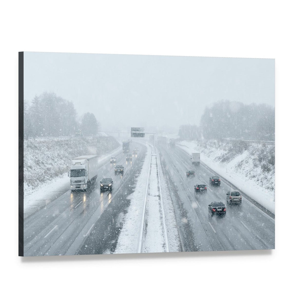Winter Driving Commuter Traffic Canvas Wall Art, single panel gallery wrapped canvas, angled product view