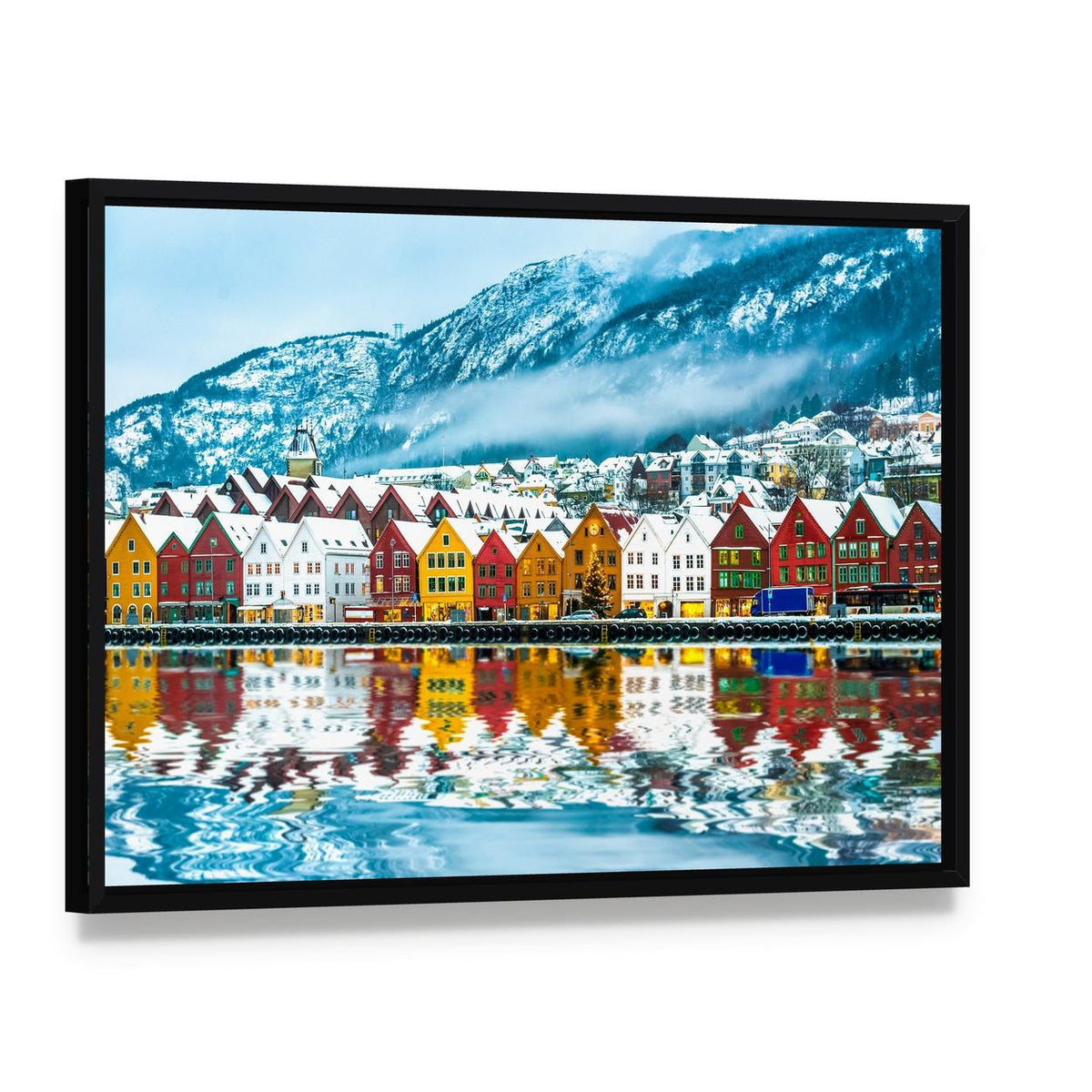Bergen Colorful Waterfront with Snow-capped Mountains Canvas Wall Art, framed canvas in a black floater frame, angled product view