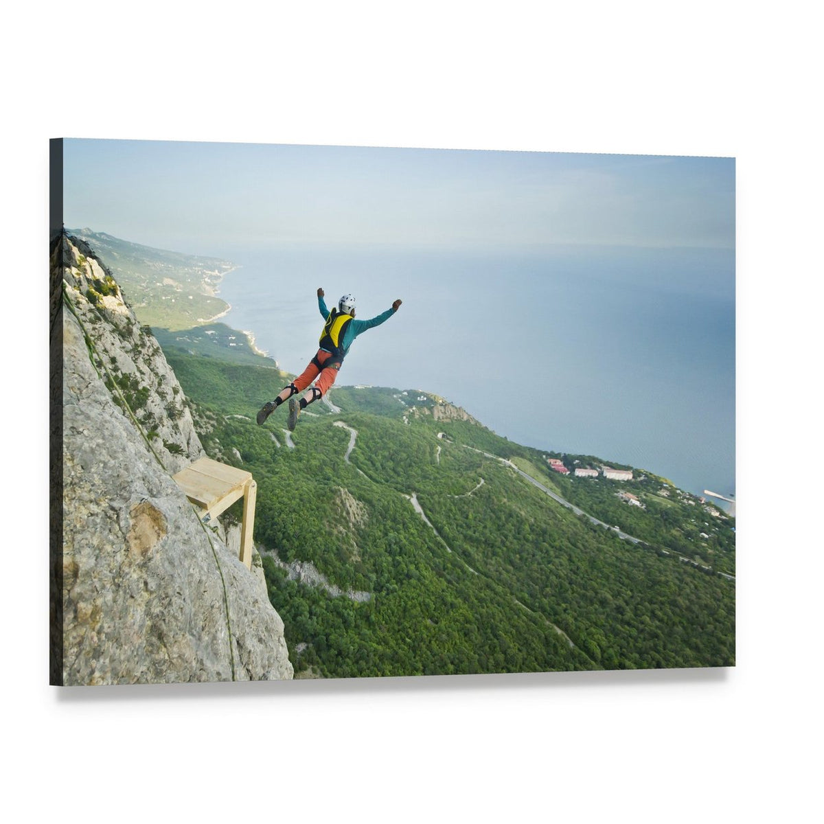 Base Jumper Over Ocean and Mountains Canvas Wall Art, single panel gallery wrapped canvas, angled product view
