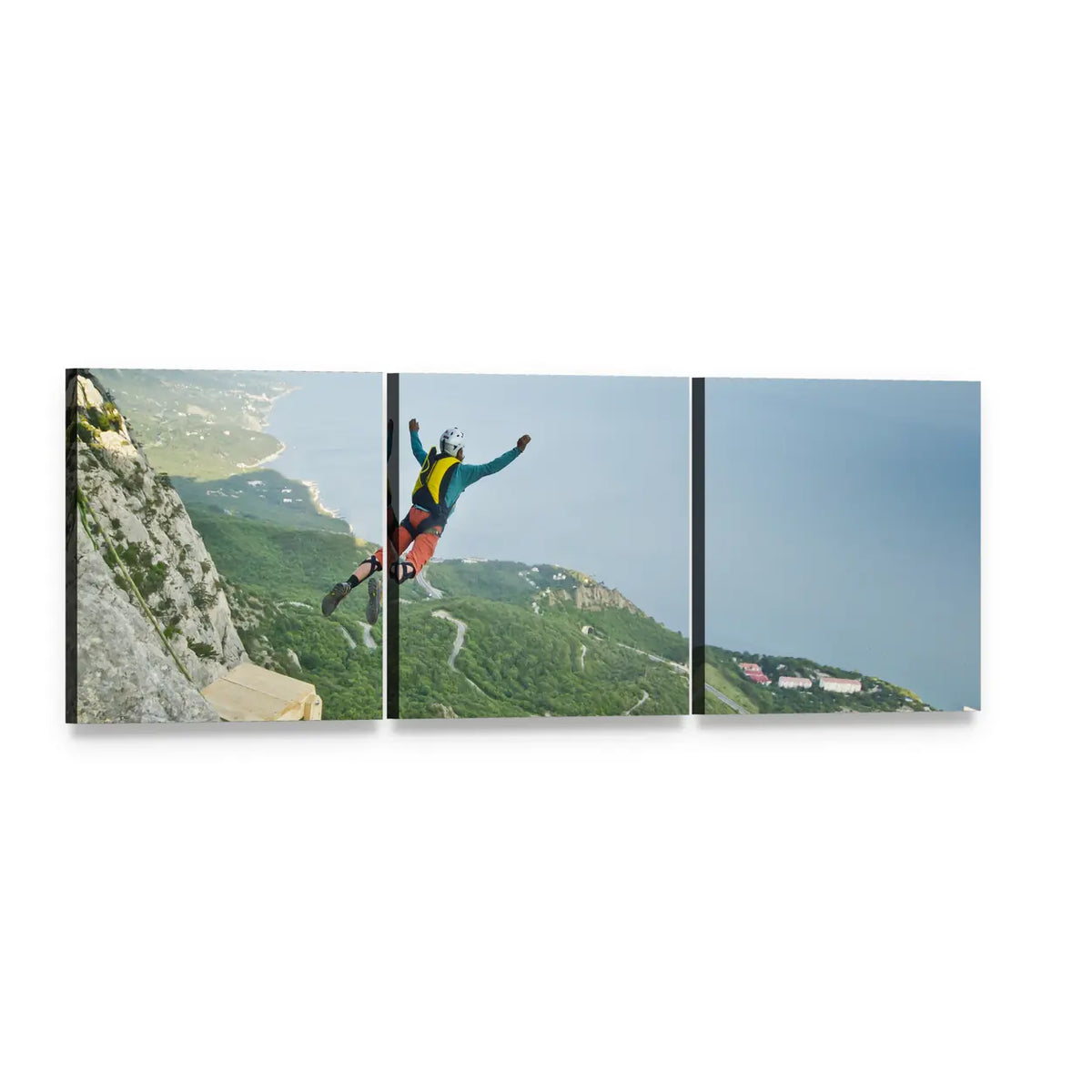 Base Jumper Over Coastal Cliffs Panoramic Canvas Wall Art, 3 panel 3 Piece layout gallery wrapped canvas set, angled product view