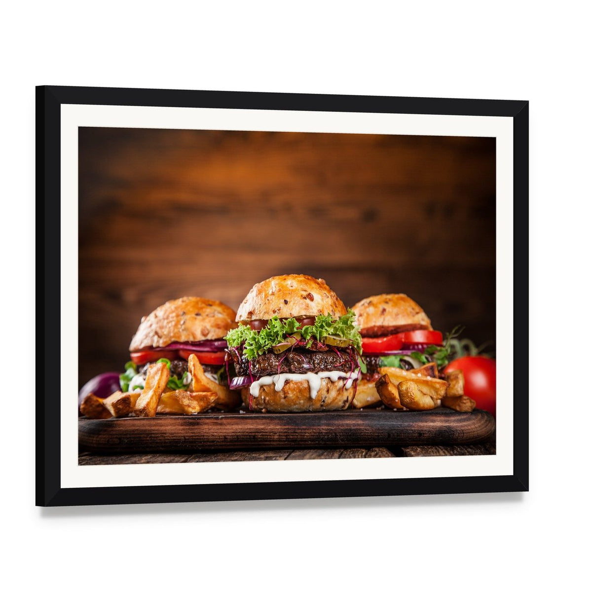 Homemade Burgers with French Fries Canvas Wall Art, framed print with white mat and black frame, angled product view
