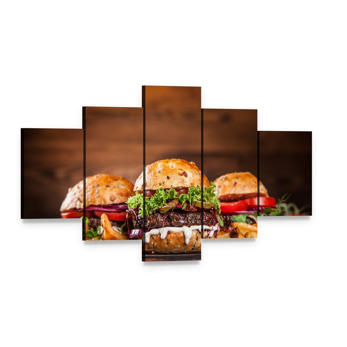 Homemade Burgers with French Fries Canvas Wall Art, 5 panel 5 Star layout gallery wrapped canvas set, angled product view