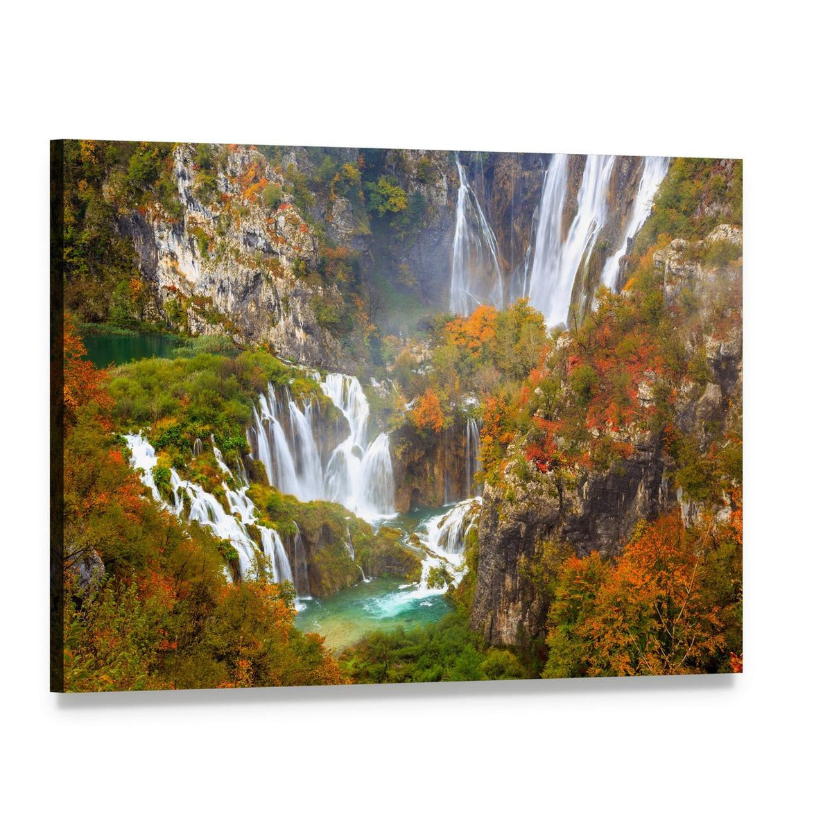 Cascading Waterfalls in Autumn Colors Canvas Wall Art, single panel gallery wrapped canvas, angled product view