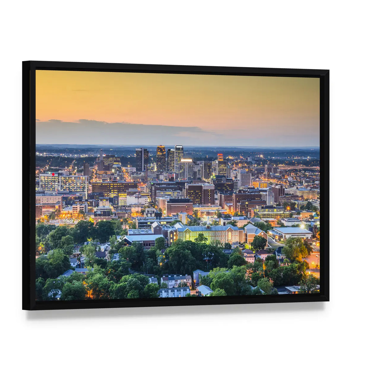 Birmingham Downtown Skyline In Alabama Canvas Wall Art, framed canvas in a black floater frame, angled product view