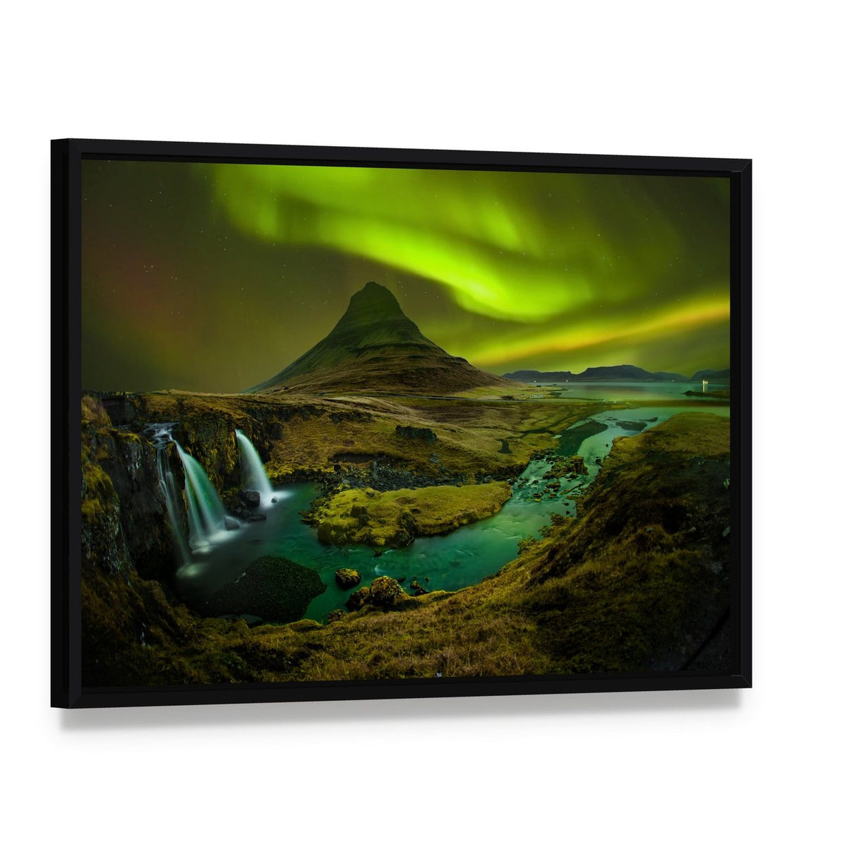 Aurora Over Kirkjufell Waterfall Canvas Wall Art, framed canvas in a black floater frame, angled product view