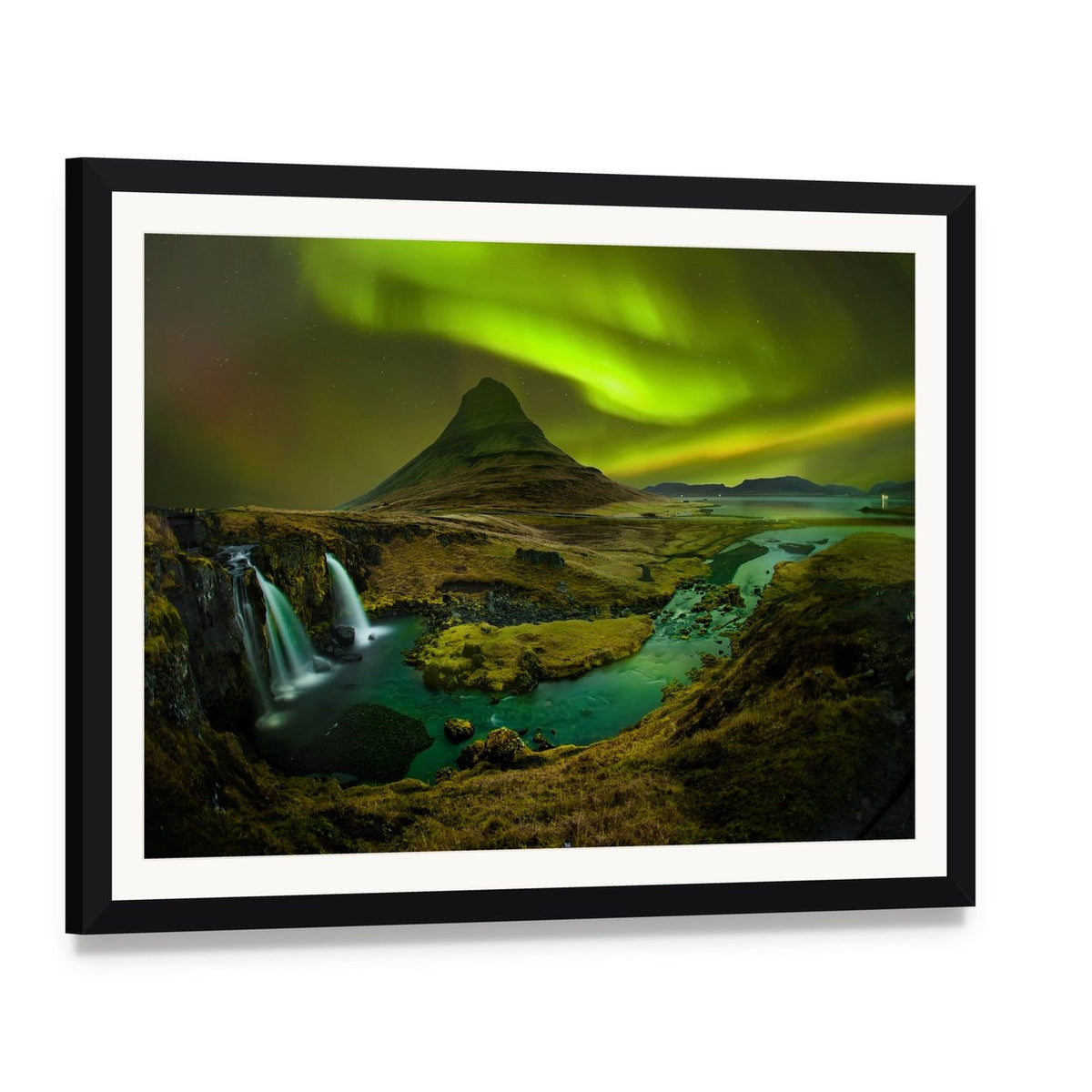 Aurora Over Kirkjufell Waterfall Canvas Wall Art, framed print with white mat and black frame, angled product view
