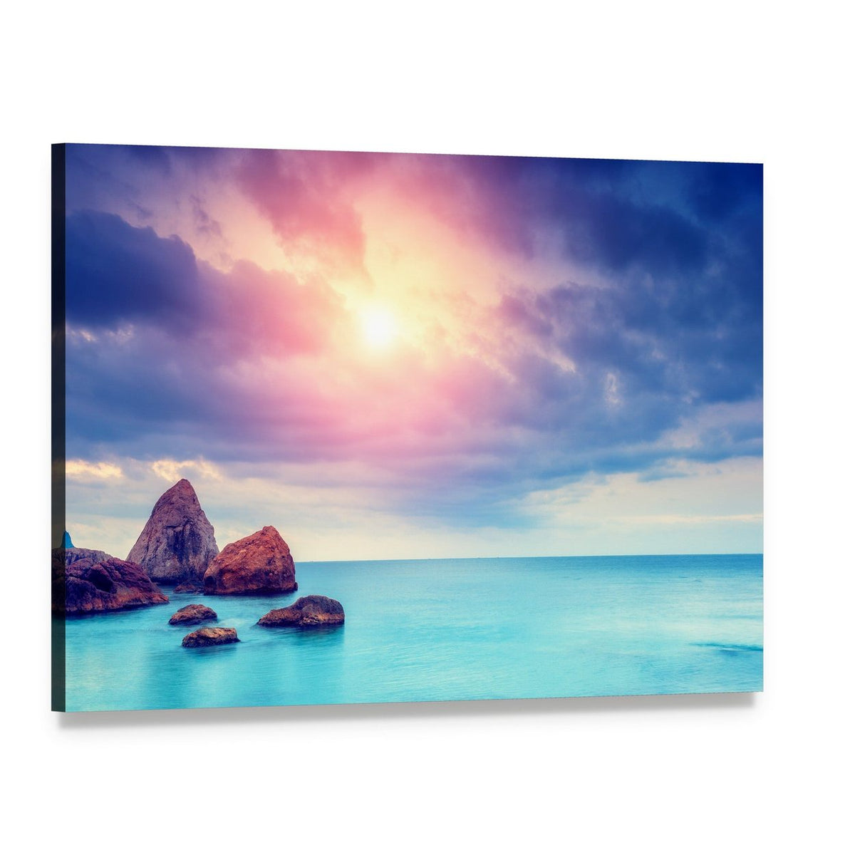 Black Sea Sunset Over Rocky Shore Canvas Wall Art, single panel gallery wrapped canvas, angled product view