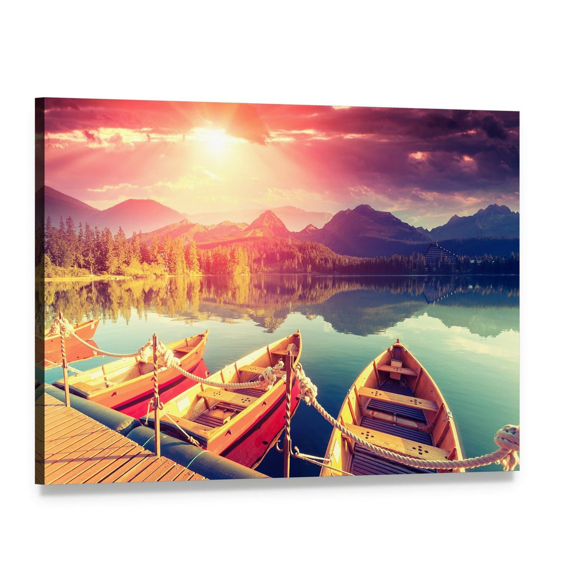 Three Canoes on Mountain Lake at Sunset Canvas Wall Art, single panel gallery wrapped canvas, angled product view